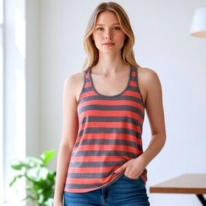 Vixen Women's Large Pink Charcoal Striped Tank Top Racerback 2000s E-Girl Cotton